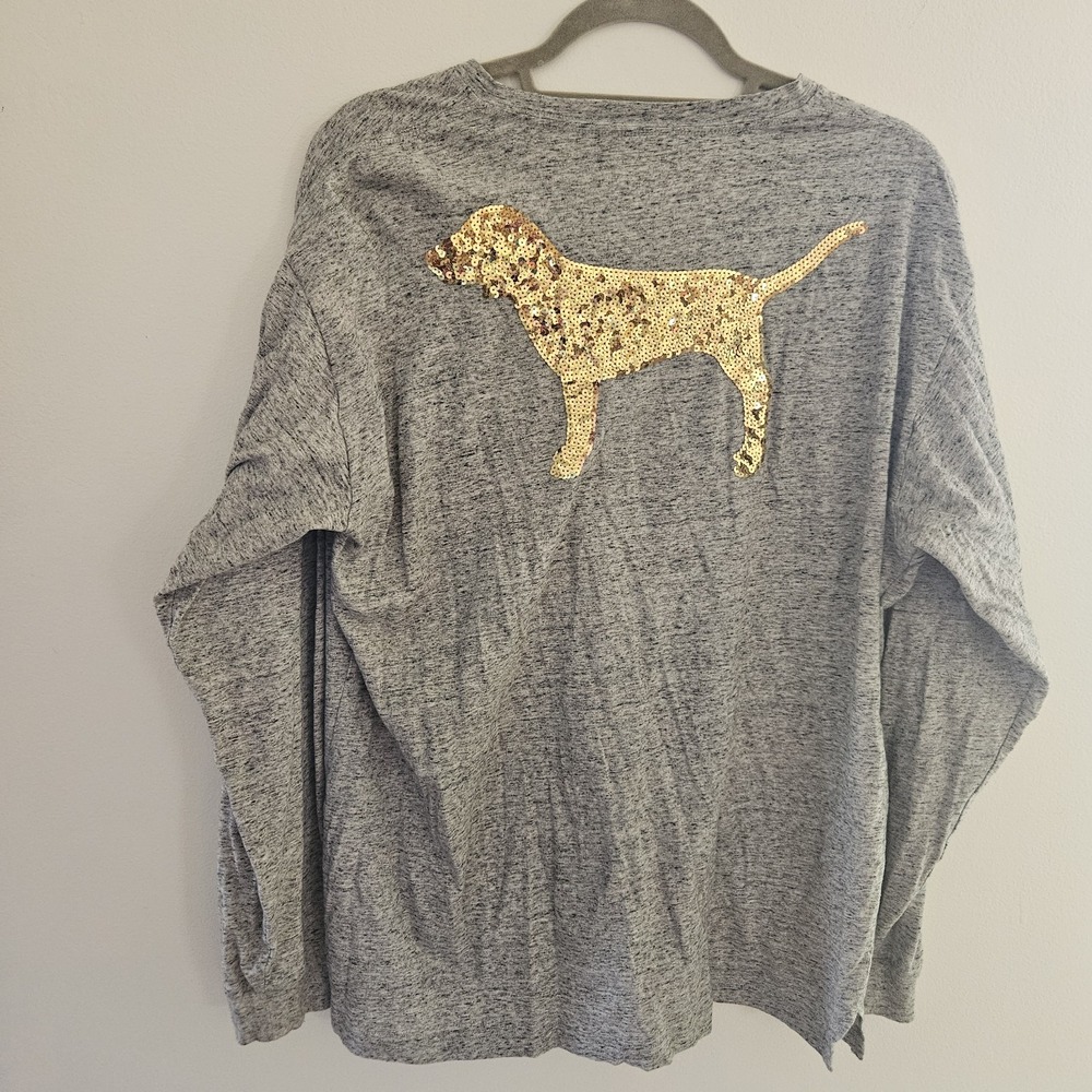 Victoria Secret PINK L Long Sleeve Womens Top Dog Logo Sequin Bling Heather Grey